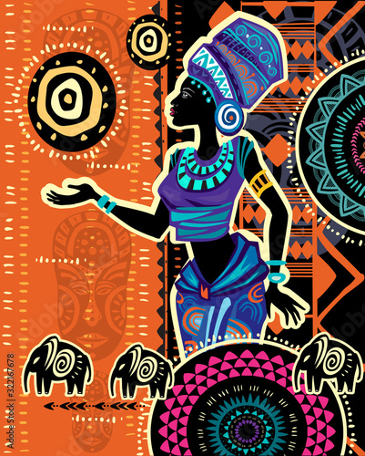African woman in ethnic dress on Ethnic geometric background