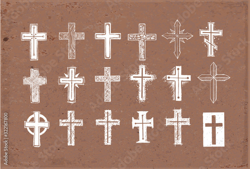 Collection of christian crosses. Doodle sketch illustration on brown parcel paper background