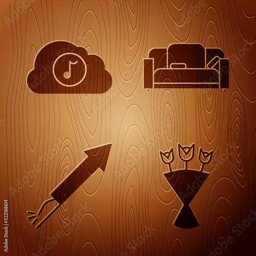 Set Bouquet of flowers , Music streaming service , Firework rocket and Sofa on wooden background. Vector