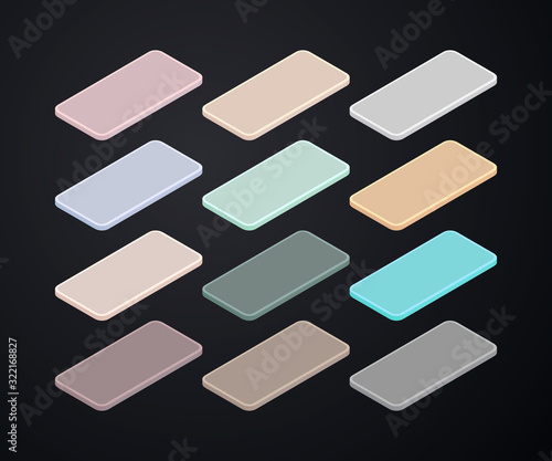 set of different pastel colored frameless phones. modern collections of cell phones isolated on dark background. easy to use in your design.