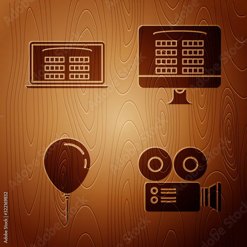 Set Cinema camera , Buy cinema ticket online , Balloon with ribbon and Buy cinema ticket online on wooden background. Vector