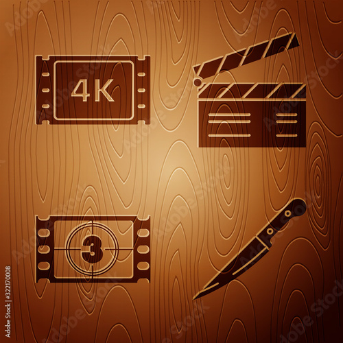 Set Knife , 4k movie, tape, frame , Play Video and Movie clapper on wooden background. Vector