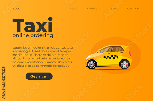 website taxi themed page template with small car with taxi grid symbols. Realistic small taxi city car