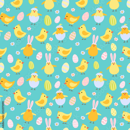 seamless Easter pattern of chickens with eggs, flowers. Vector cute characters in the style of hand-drawn flat pastel colors. suitable for decoration, packaging paper, textile