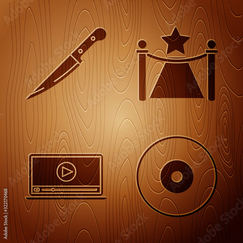 Set CD or DVD disk , Knife , Online play video and Carpet with barriers and star on wooden background. Vector