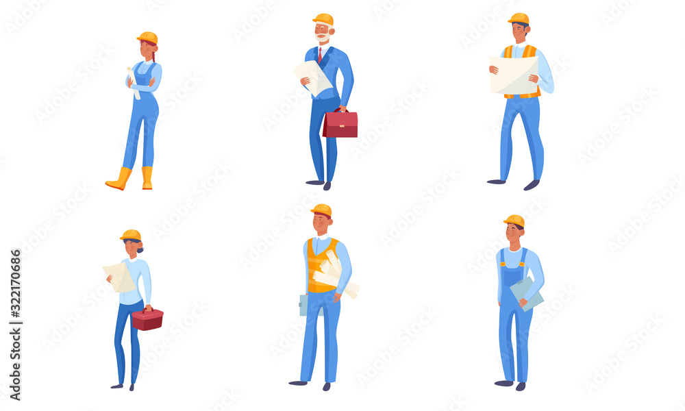 Set of various builders in blue clothing and helmets. Vector illustration in flat cartoon style.