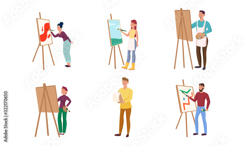 Set of different artistspainting on canvas with an easel. Vector illustration in flat cartoon style.