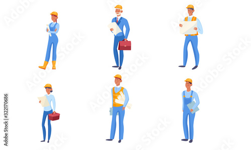 Set of various builders in blue clothing and helmets. Vector illustration in flat cartoon style.