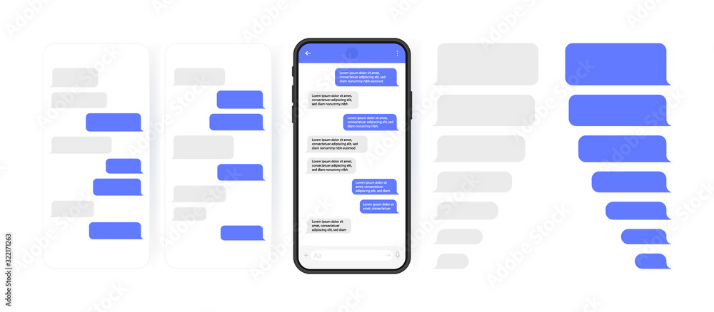 Social media design concept. Smart Phone with carousel style messenger chat screen. Sms template bubbles for compose dialogues. Modern vector illustration flat style Social media design concept. Smart Phone with carousel style messenger chat screen. Sms template bubbles for compose dialogues. Modern vector illustration flat style
