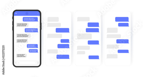 Social media design concept. Smart Phone with carousel style messenger chat screen. Sms template bubbles for compose dialogues. Modern vector illustration flat style