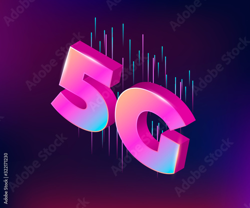 3d letters of 5G. Linear speed shapes on back side. Colorful gradient colors on the letters.