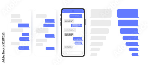 Social media design concept. Smart Phone with carousel style messenger chat screen. Sms template bubbles for compose dialogues. Modern vector illustration flat style