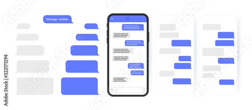 Social media design concept. Smart Phone with carousel style messenger chat screen. Sms template bubbles for compose dialogues. Modern vector illustration flat style photo