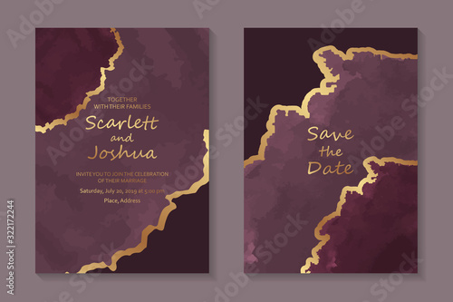 Set of modern luxury wedding invitation design or card templates for business or presentation or greeting with golden streaks on a pink and burgundy watercolor background.