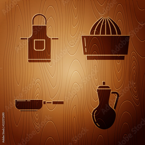 Set Bottle of olive oil , Kitchen apron , Frying pan and Citrus fruit juicer on wooden background. Vector