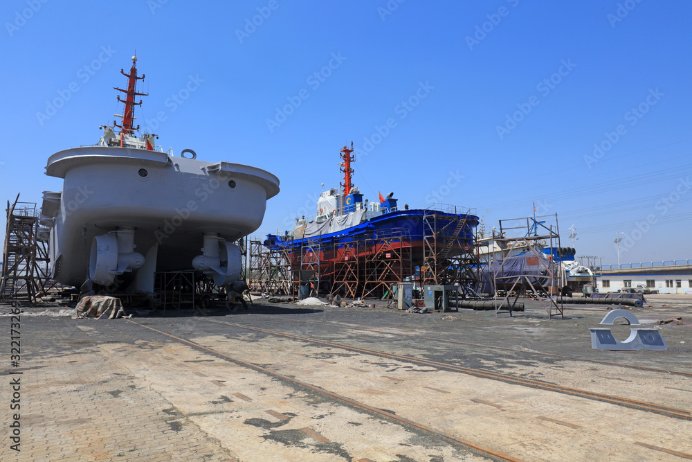 Fototapeta premium Ships awaiting repair are at the shipyard, Luannan County, Hebei Province, China