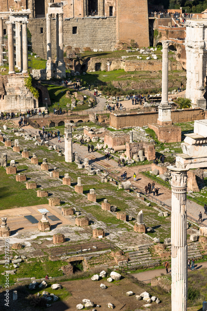The Roman Forum ruins seen from Palatine Hill. Rome. Lazio. Italy.
