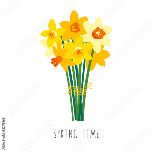 Bouquet of yellow daffodils isolated on white. Floral illustration. Greeting card template for bright spring design. Garden flowers. Narcissus. Handwritten lettering. International Womens Day