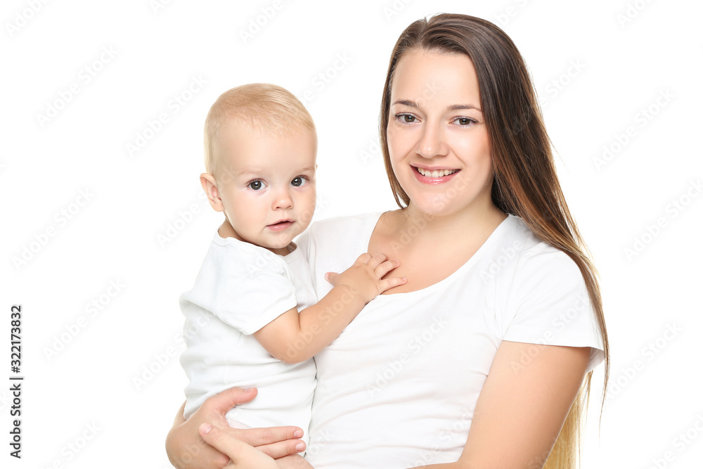 Young mother with baby boy isolated on white background Young mother with baby boy isolated on white background