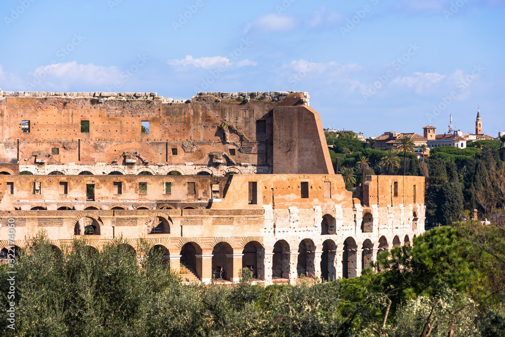 The Colosseum or Coliseum from Palatine Hill. Also known as the Flavian Amphitheatre, an oval amphitheatre in the centre of the city of Rome, Italy.