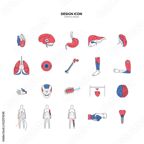 Set of artificial organs icons heart, brain, stomach, liver, spleen, lungs, eye, prosthetic arm, legs, prosthetic tooth, for mobile applications of medical clinic, websites. Vector illustration EPS 10