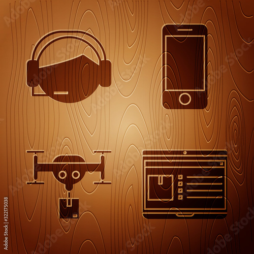 Set Laptop with app delivery tracking , Support operator in touch, Delivery drone with the package and Mobile phone with app delivery tracking on wooden background. Vector