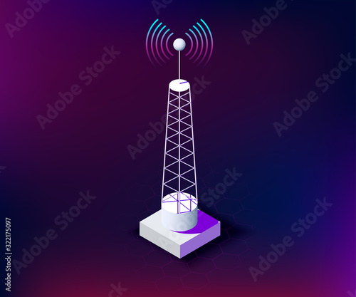 Stampa su tela isometric telecommunication tower with connection waves, dark background