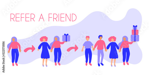 referral program "refer a friend". attracting customers with modern technologies. concept of promotion with loyalty programs. vector hand drawn flat illustration. people with gifts.