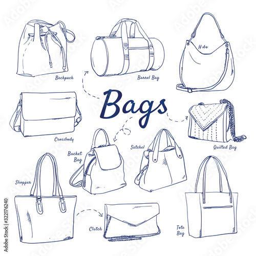 Doodle set of Bag Collection – Hobo, Quilted Bag, Backpack, Shopper, Satchel, Bucket Bag Tote Bag, Crossbody, Barrel Bag, Clutch, hand-drawn. Vector sketch illustration isolated over white background