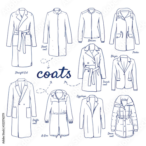 Doodle set of Coat Collection – Duffle Coat, Eggshape, A-Line, Parka, Straight Cut, Down Coat, trenchcoat, Short Coat, blazer, Blouson, hand-drawn. Vector sketch illustration isolated over white back