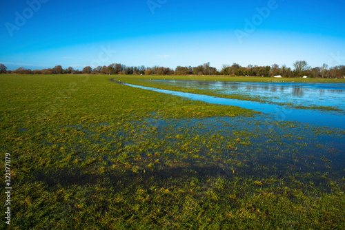 Flooded meadow linking Houghton and Hemingford Abbots villages, Cambridgeshire, England, UK.