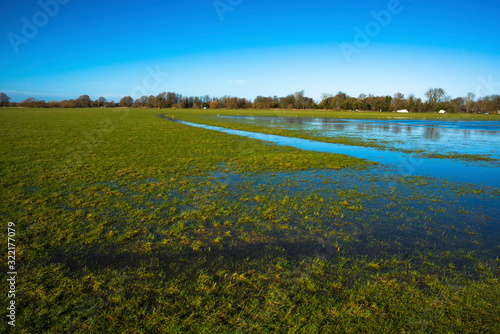 Flooded meadow linking Houghton and Hemingford Abbots villages  Cambridgeshire  England  UK.