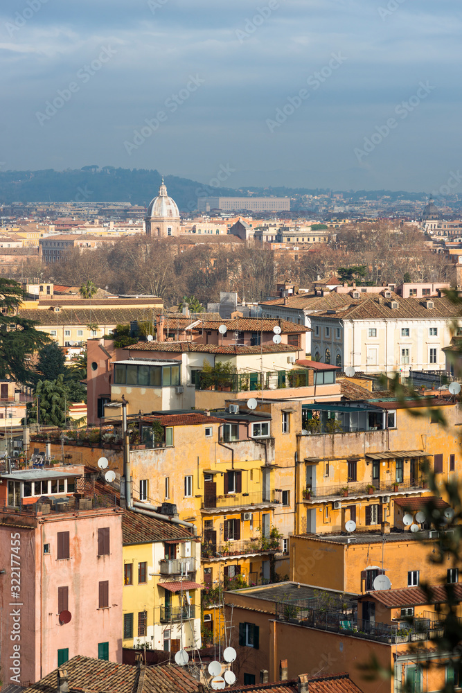 Views across Rome city with colourful old apartments