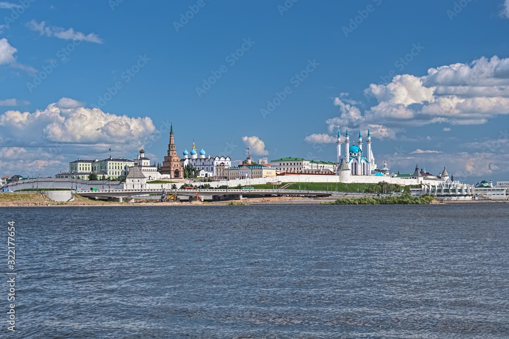 Kazan, Republic of Tatarstan, Russia. Kazan Kremlin with Presidential Palace, Soyembika Tower, Annunciation Cathedral, Qolsharif Mosque, Spasskaya Tower. View from the shore of Kazanka river.