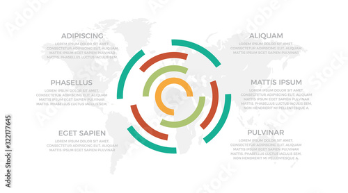 Set of turquoise, red, green and orange elements for infographic with world map presentation slides.