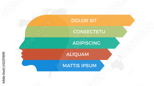 Set of orange, green, turquoise, red and blue elements for infographic with world map presentation slides.