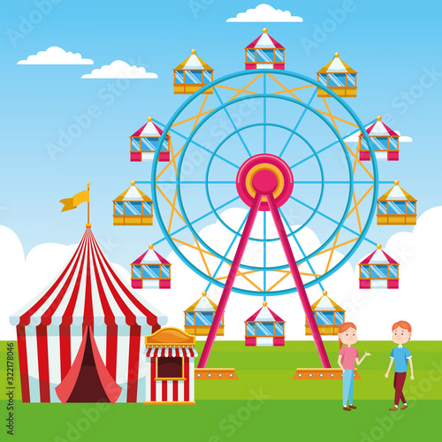 cartoon women in the fair with ferris wheel and carnival tent
