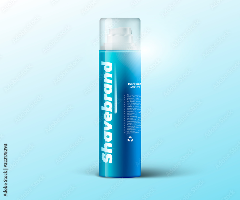Realistic 3d shaving foam bottle isolated on light blue background. Transparent lid Realistic 3d shaving foam bottle isolated on light blue background. Transparent lid