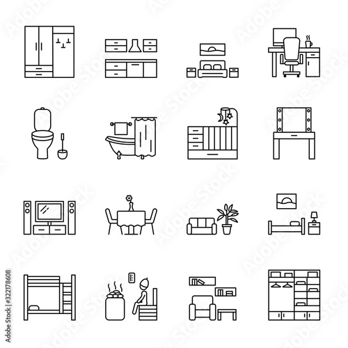 Home room vector line icons set. Types of rooms and premises in the house. Concept for web banners and printed materials.