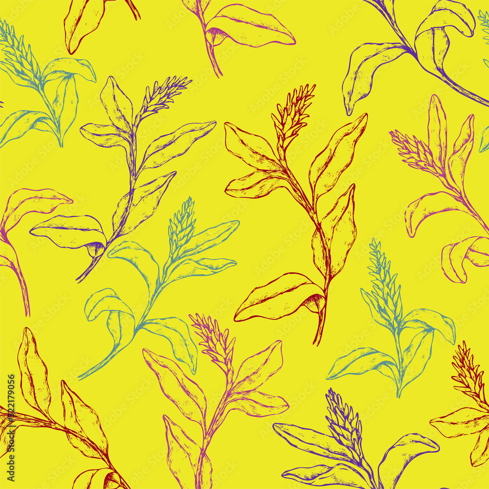 Fototapeta Vintage floral vector seamless pattern. Sketches of tropical Ginger flowers. Hand drawn exotic plants background. Colored bright botanical wallpaper for textile, paper, prints, wrapping, fabric, card