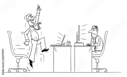 Vector funny comic cartoon drawing of office worker or businessman working on computer celebrating success, another man is frustrated.