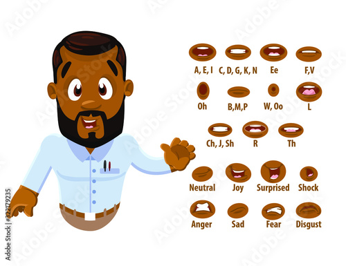 Bearded afro-american young man in blue shirt shows to set of mouth, teeth positions. Lip sync collection. Male facial expressions, mood. Can be used for animation. Cartoon vector isolated on white.