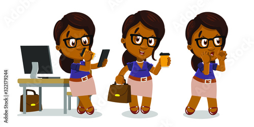 Vector set with afro-american businesswoman at work. African spectacled lady with long hair dinking coffee and looking at smartphone, standing with briefcase and cup, crying something. Cartoon.