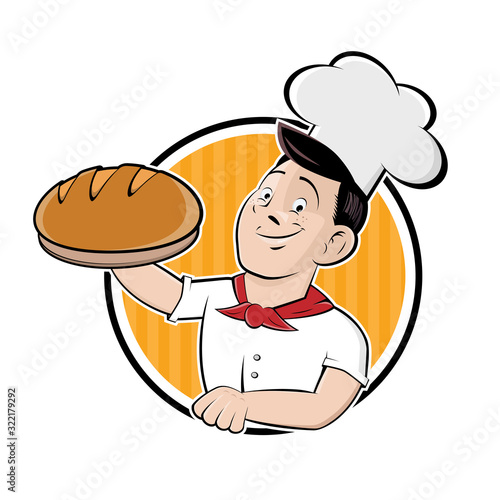 funny cartoon sign of a baker holding a delicious bread