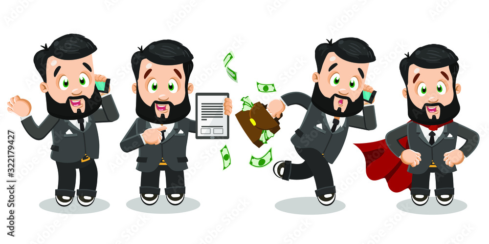 Working day highlights of confident bearded businessman in formal suit performing tasks. Vector set with superman. Successful man speaking by phone, pointing to clipboard, running with lots of money. Working day highlights of confident bearded businessman in formal suit performing tasks. Vector set with superman. Successful man speaking by phone, pointing to clipboard, running with lots of money.