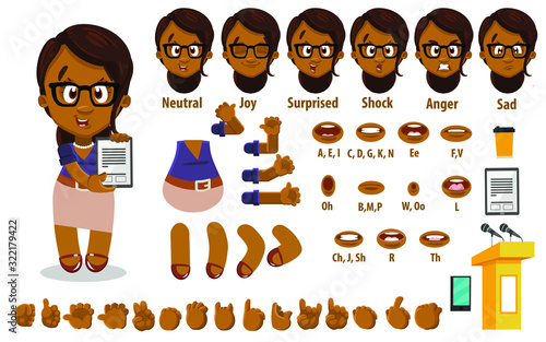 Cartoon afro-american woman constructor for animation. Parts of body: legs, arms, face emotions, hands gestures, lips sync. Full length, front, three quater view. Set of ready to use poses, objects.