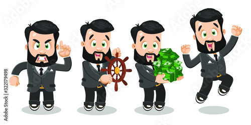 Set of bearded businessman in formal suit in different mood and poses. Successful brunet man is angry, keeping steering wheel like leader, lots of money, jumping for joy. Cartoon vector on white.