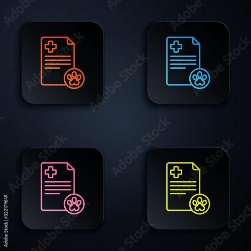 Color neon line Clipboard with medical clinical record pet icon isolated on black background. Health insurance form. Medical check marks report. Set icons in square buttons. Vector Illustration