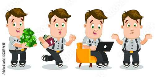Set of dark blond freelancer man during working day. Joyful businessman keeping lots of money, running with books, typing on laptop sitting in armchair, making helpless gesture. Vector cartoon.