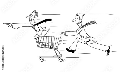 Vector funny comic cartoon drawing of man or businessman running fast and pushing another man in shopping cart. Business concept of investment and finance.